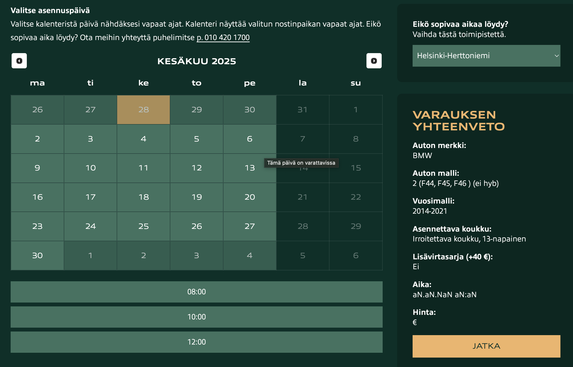 Installation date selection and booking summary